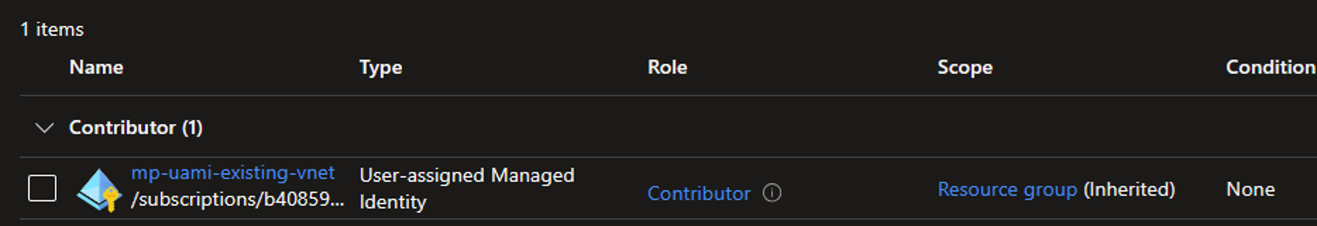 Example of User-Assigned Managed Identity and permissions on VNet