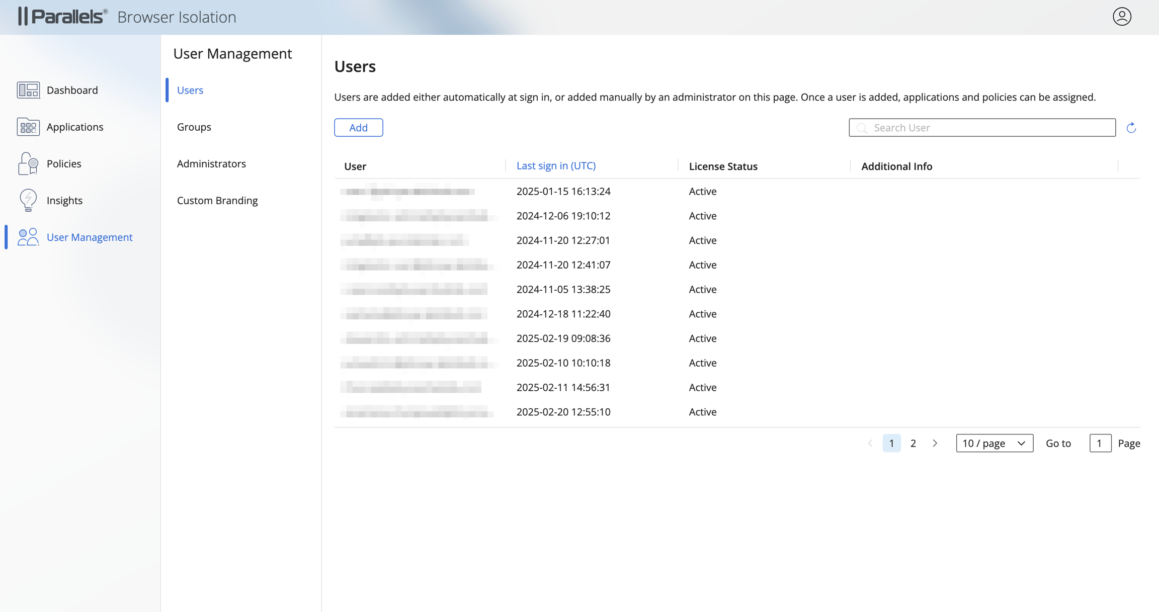 The custom User Management category
