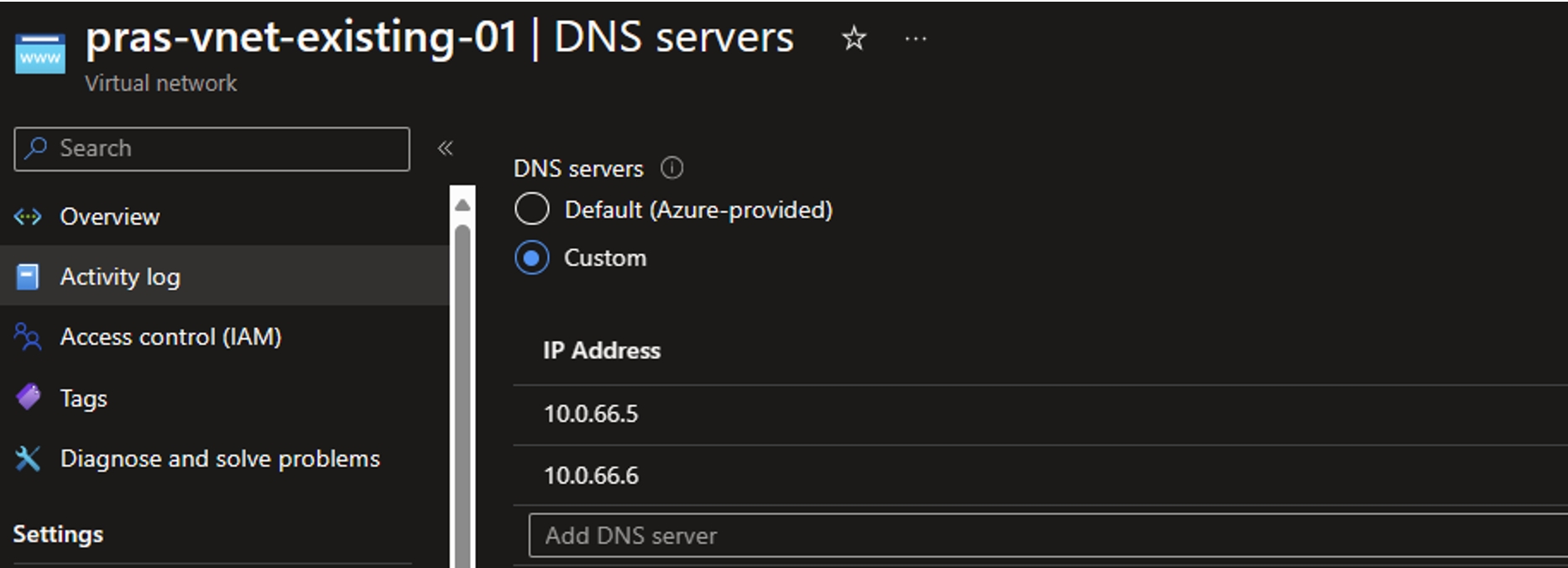 Example of a DNS configuration pointing to Active Directory Domain Controller